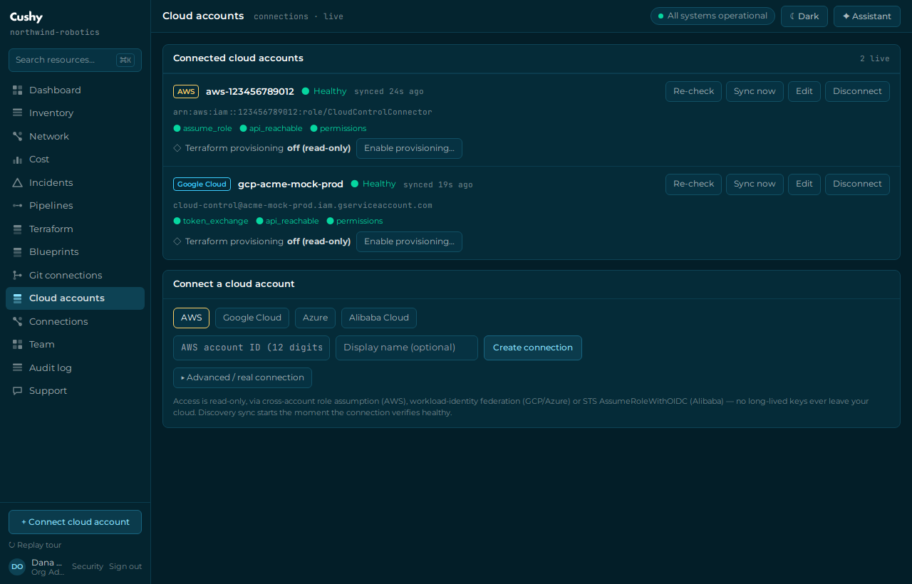 A healthy connected AWS account on the Cloud accounts screen