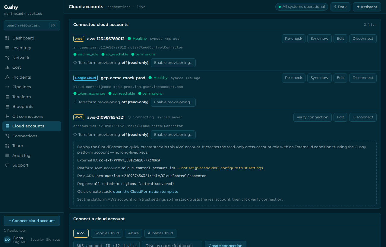 The guided AWS connection flow with CloudFormation quick-create instructions