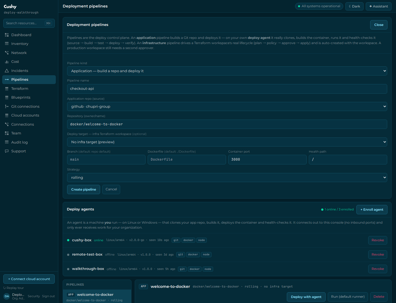 The new application pipeline form with its deploy configuration