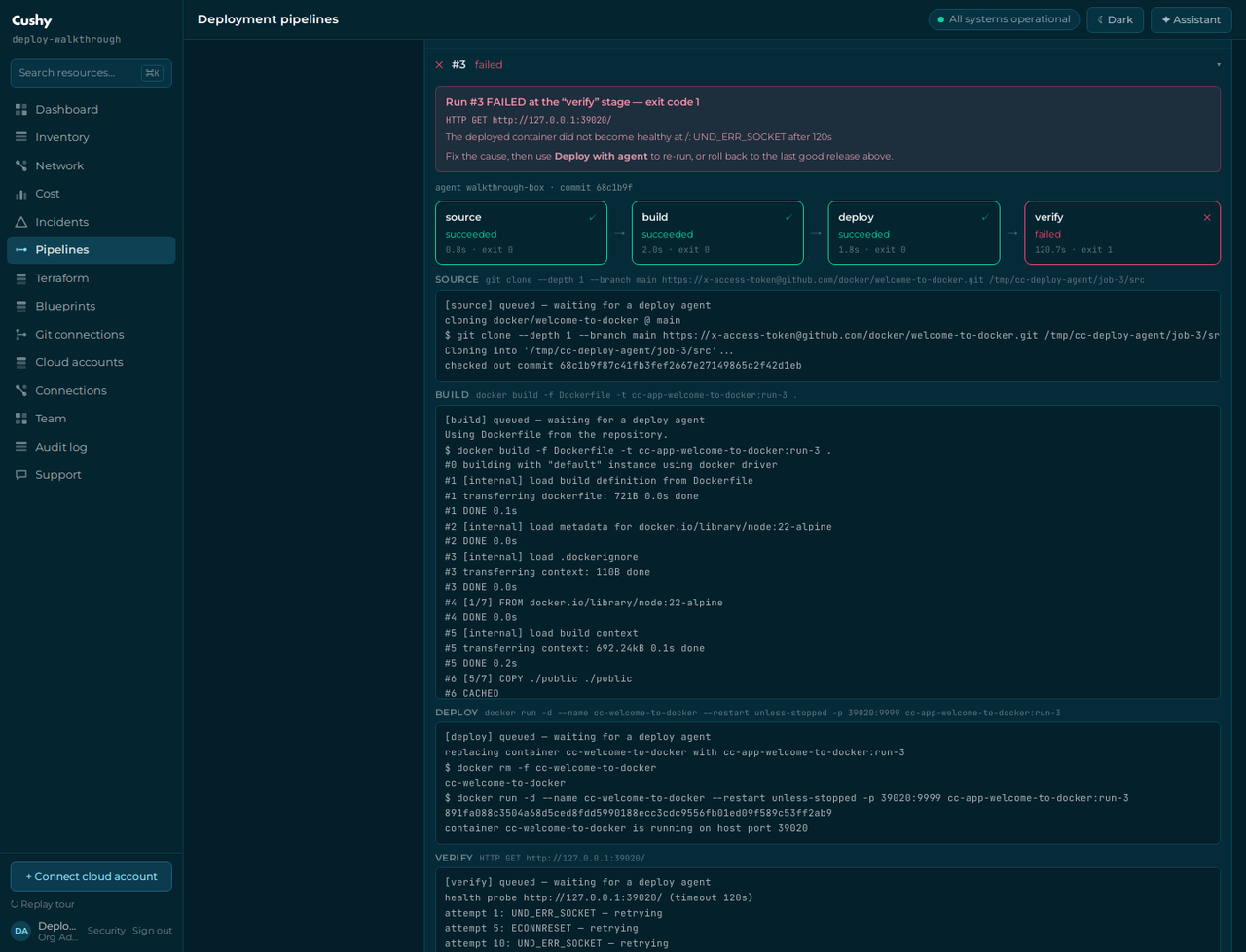 A failed deploy run with the failing stage, exit code and error banner