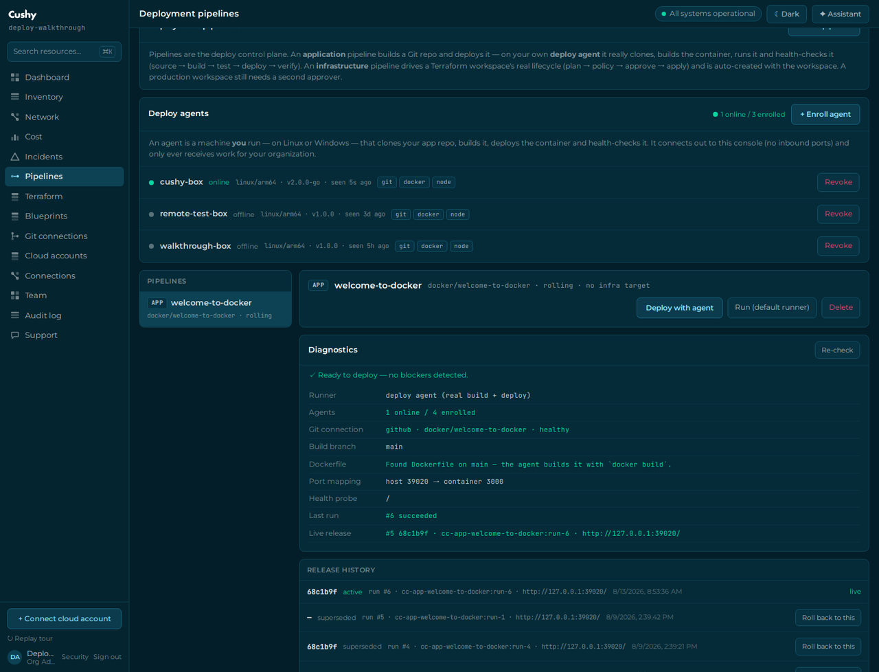 The troubleshooting view showing the verify stage logs and the container's own output
