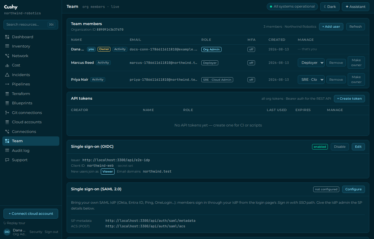 The Team page listing members with roles and MFA status, the owner badged