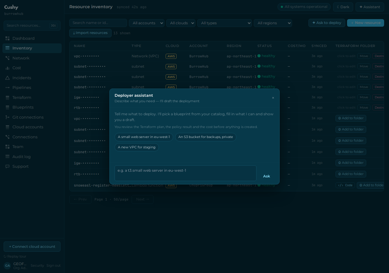 The deployer assistant panel open on the Inventory screen